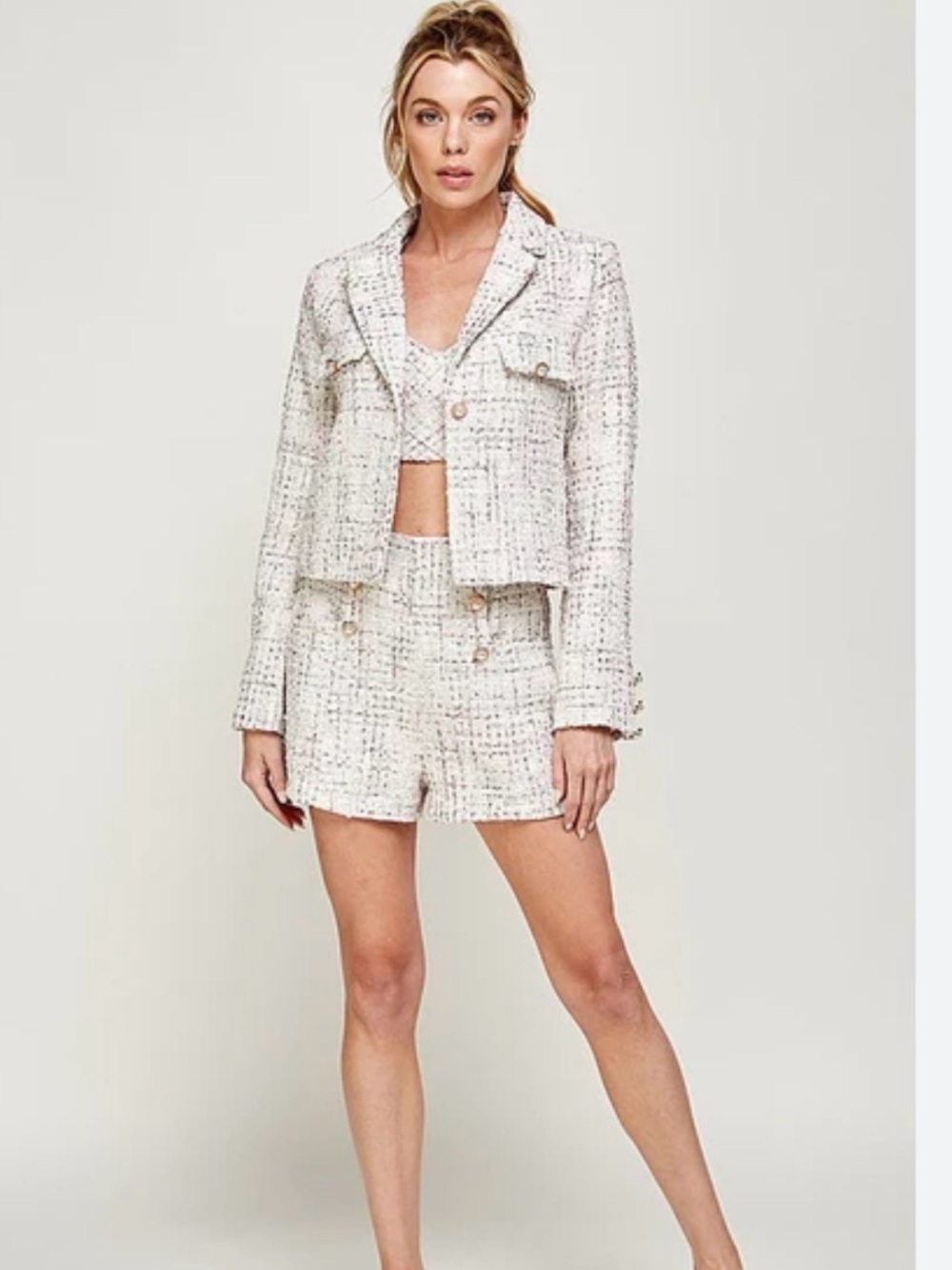 Womens’s Tweed Cropped Jacket High wasted Shorts Set and Bralette